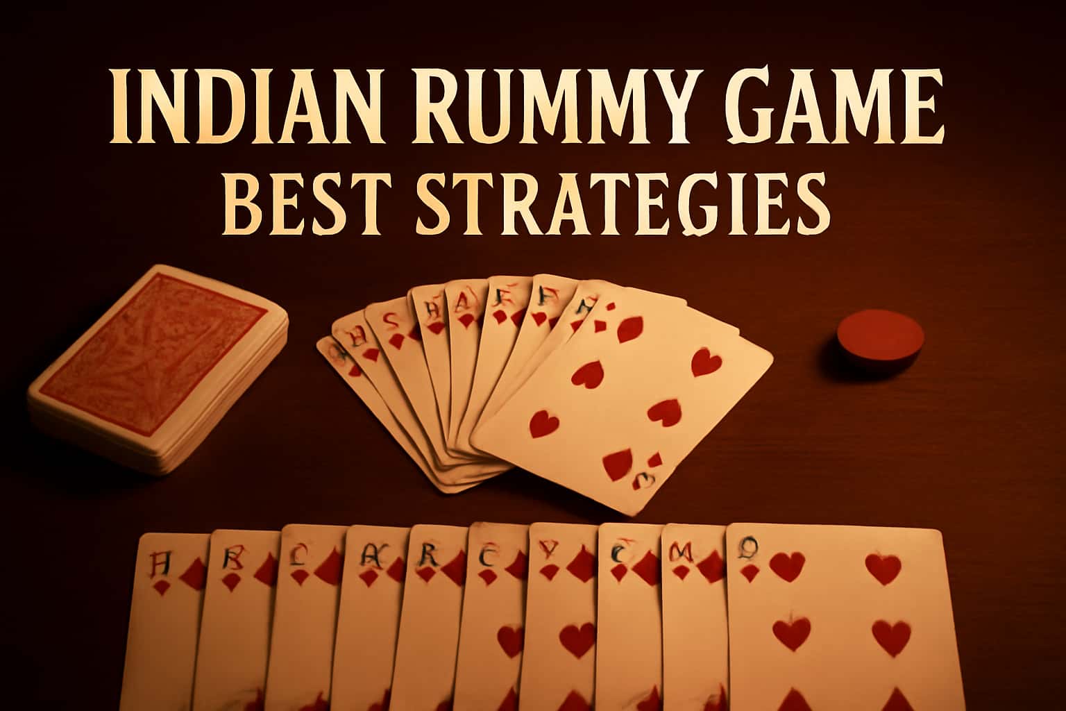 An informative scene showcasing strategies for playing Indian Rummy, with prominent text.