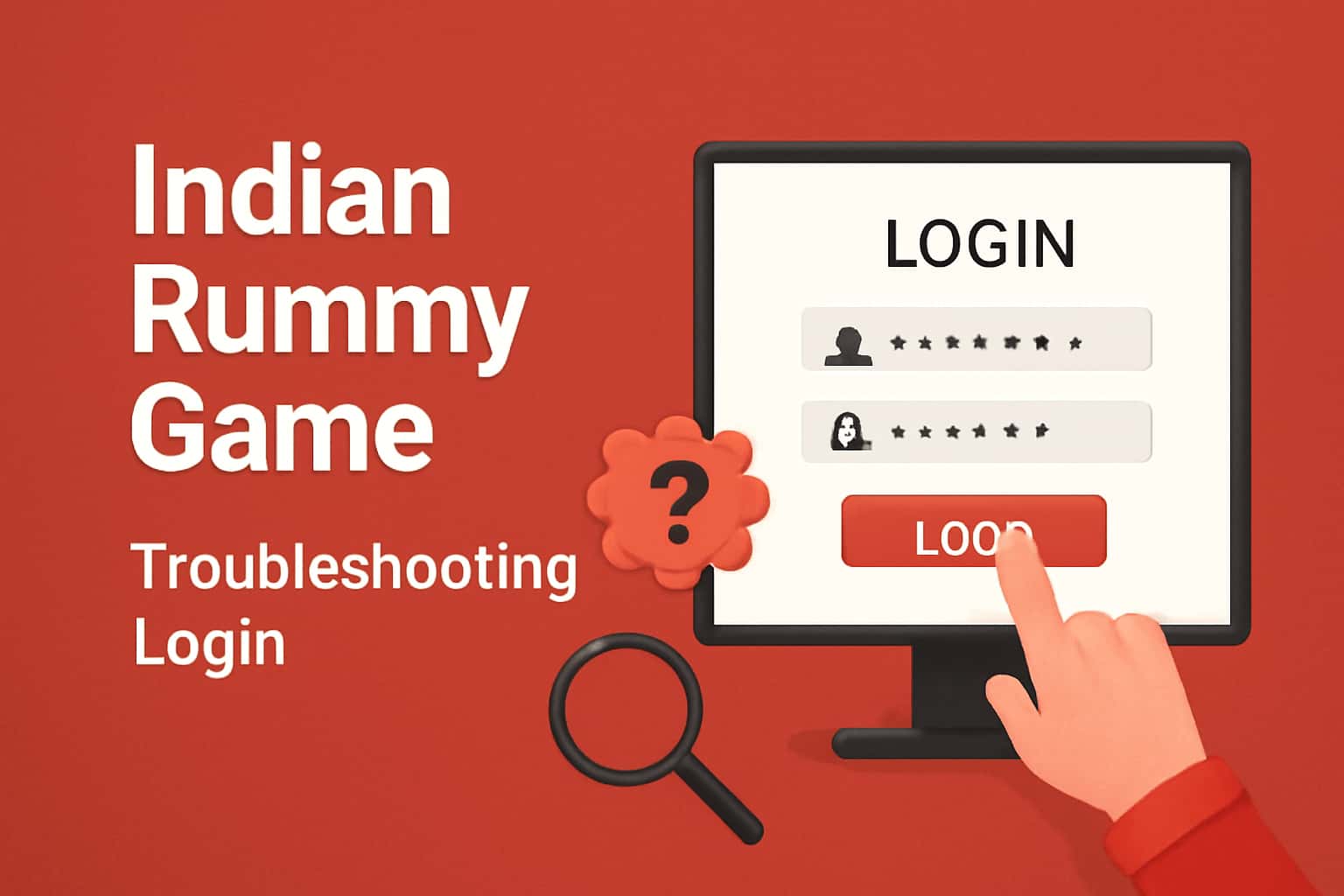 An informative scene depicting troubleshooting steps for Indian Rummy Game login issues.